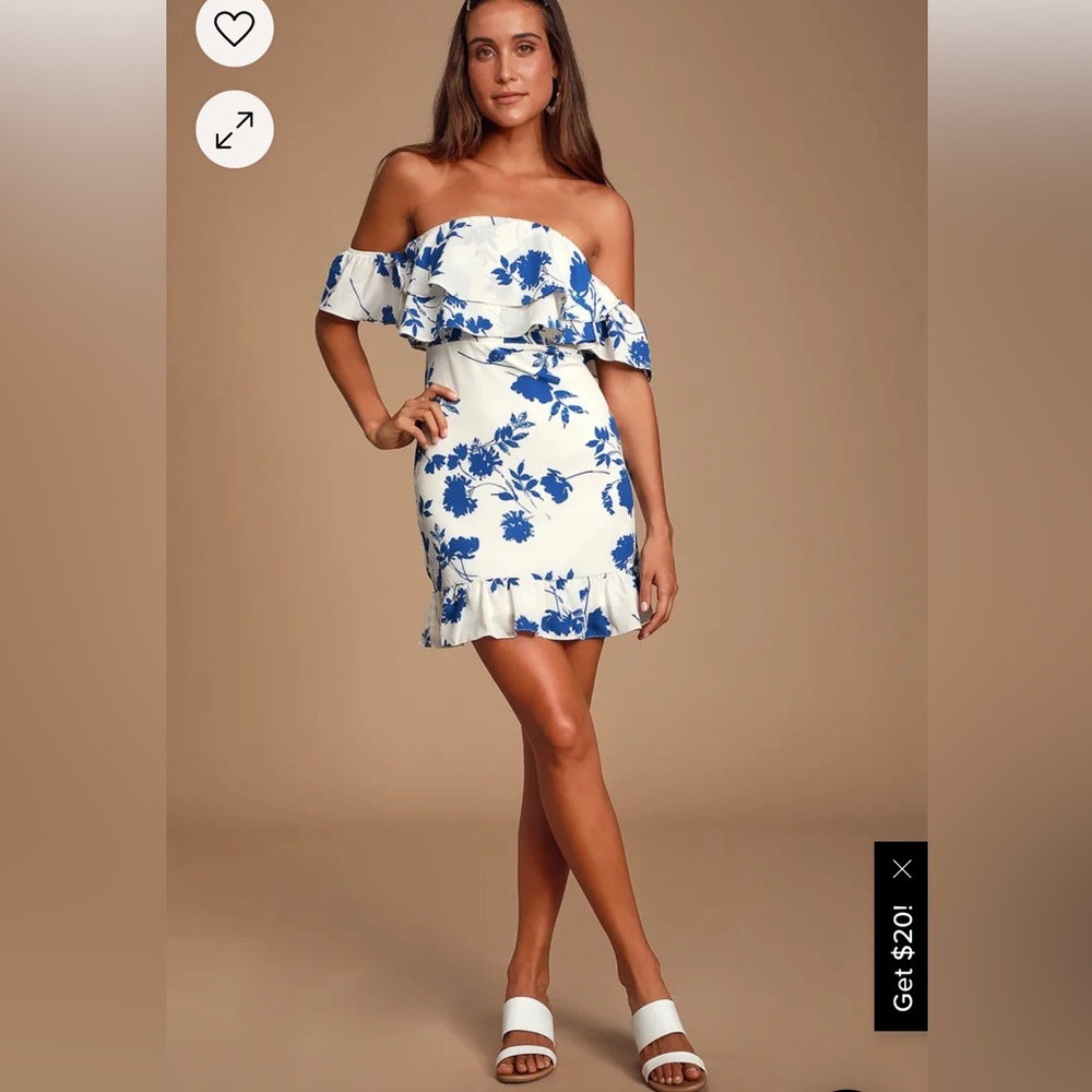 Lulus- Talia White Floral Print Off-the-Shoulder Mini Dress